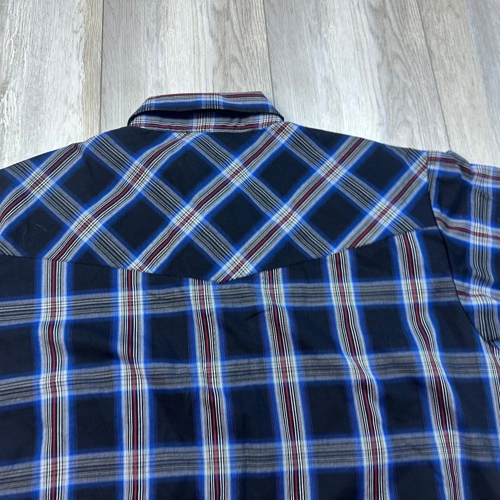 Ely Cattleman Mens Large Blue Red Plaid Pearl Snap Short Sleeve Western Shirt